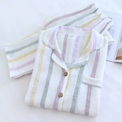 2024 Spring Cotton Gauze Pajamas for Women's Long Sleeved Home Clothing Colorful Striped Print Loungewear Lapel Trousers Pijamas