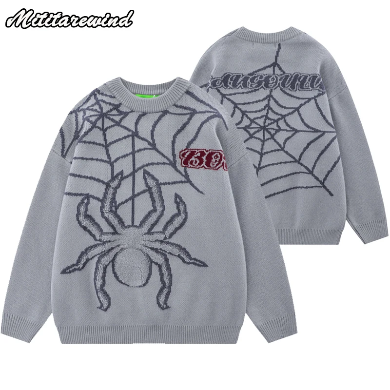 

High Street Spider Web Jacquard Sweater Men Japanese Style Round Neck Pullover Knitted Sweater Korean Fashion Men Warm Knitwear