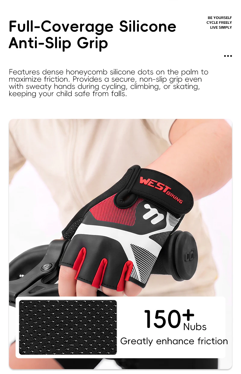 WEST BIKING Fahrradhandschuhe für Jungen, halbe Finger, stoßdämpfend, rutschfest, mit Silikonpolster, Fahrradausrüstung für Mädchen, Sommer-Sporthandschuhe – Detail 6