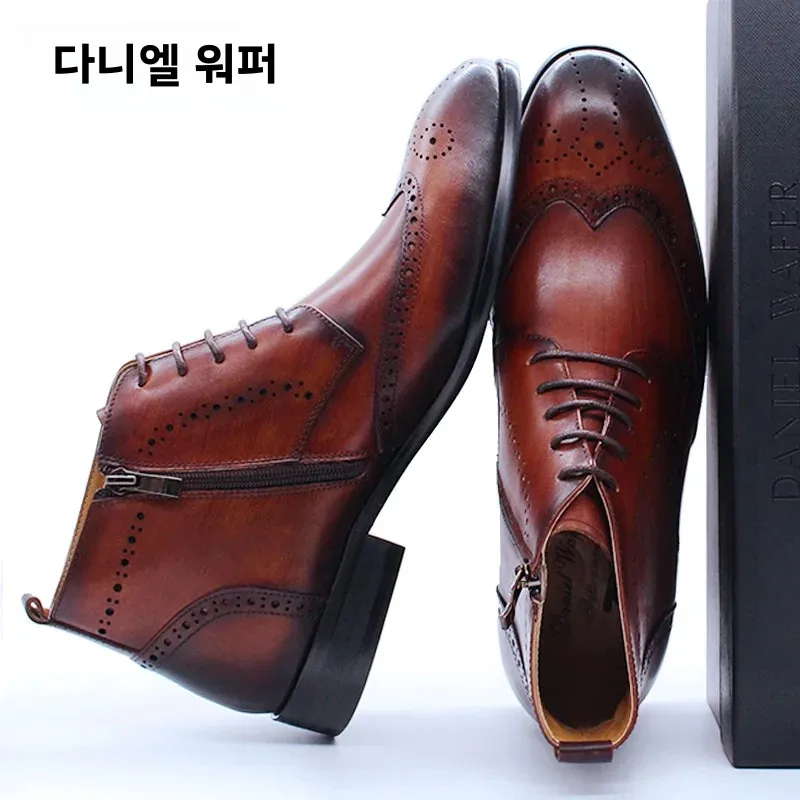 Handmade Men\'s Ankle Boots Casual Leather Western Cowboy Shoes Black/Brown Wingtip Lace-Up Wedding Office Dress Footwear