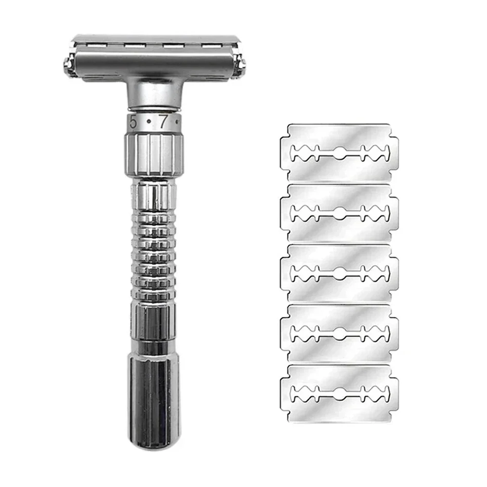 Adjustable Safety Razor Double Edge Classic Mens Shaving Mild to Aggressive 1-6 File Zinc Alloy Shaver With 5 Blades Navalha