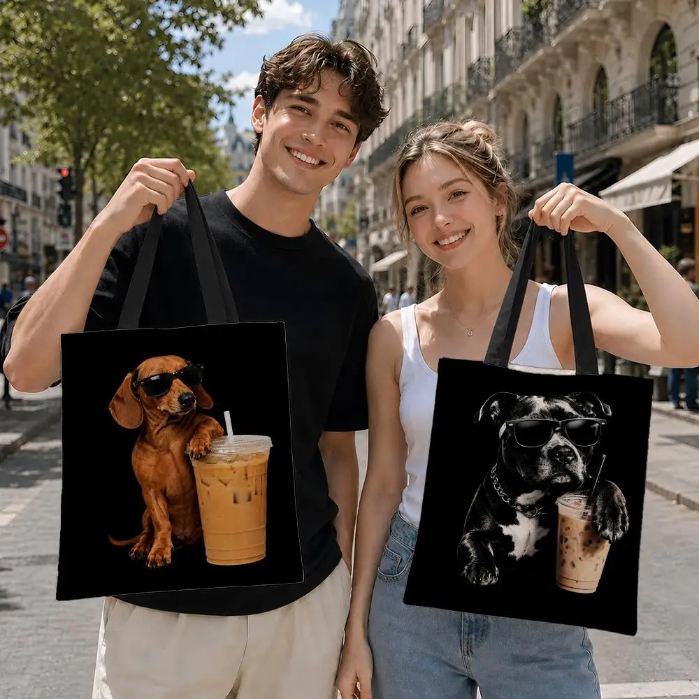 Harajuku Dog And Juice Graphics Storage Bags Eco‑Friendly Canvas Tote Bag Casual Handbag for College Travel Daily Shopping