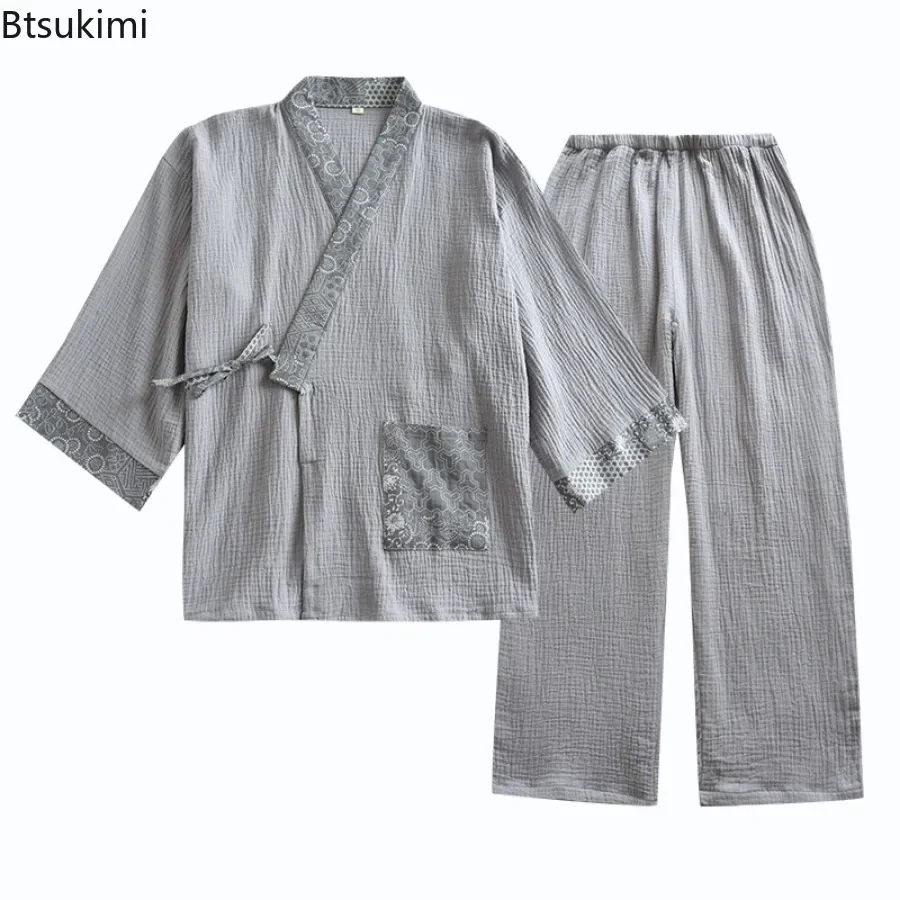 2025 Men's Kimono Home Suits Comfort Lace-up Tops and Trousers Pajamas Sets Cotton Crepe Design Ethnic Style Sleepwear for Men