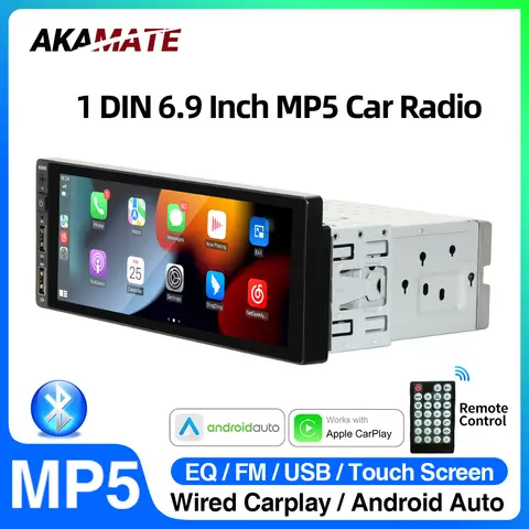6.9inch Car Radio Wired CarPlay Android Auto MP5 Bluetooth EQ FM USB IPS Touch Screen Multimedia Player Universal 1Din Radio