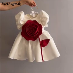 SoDigne A-line Satin Mini Flower Girl Dress Scoop Short Sleeves Princess Kid Gown 2025 Birthday Party Dresses Customized 
