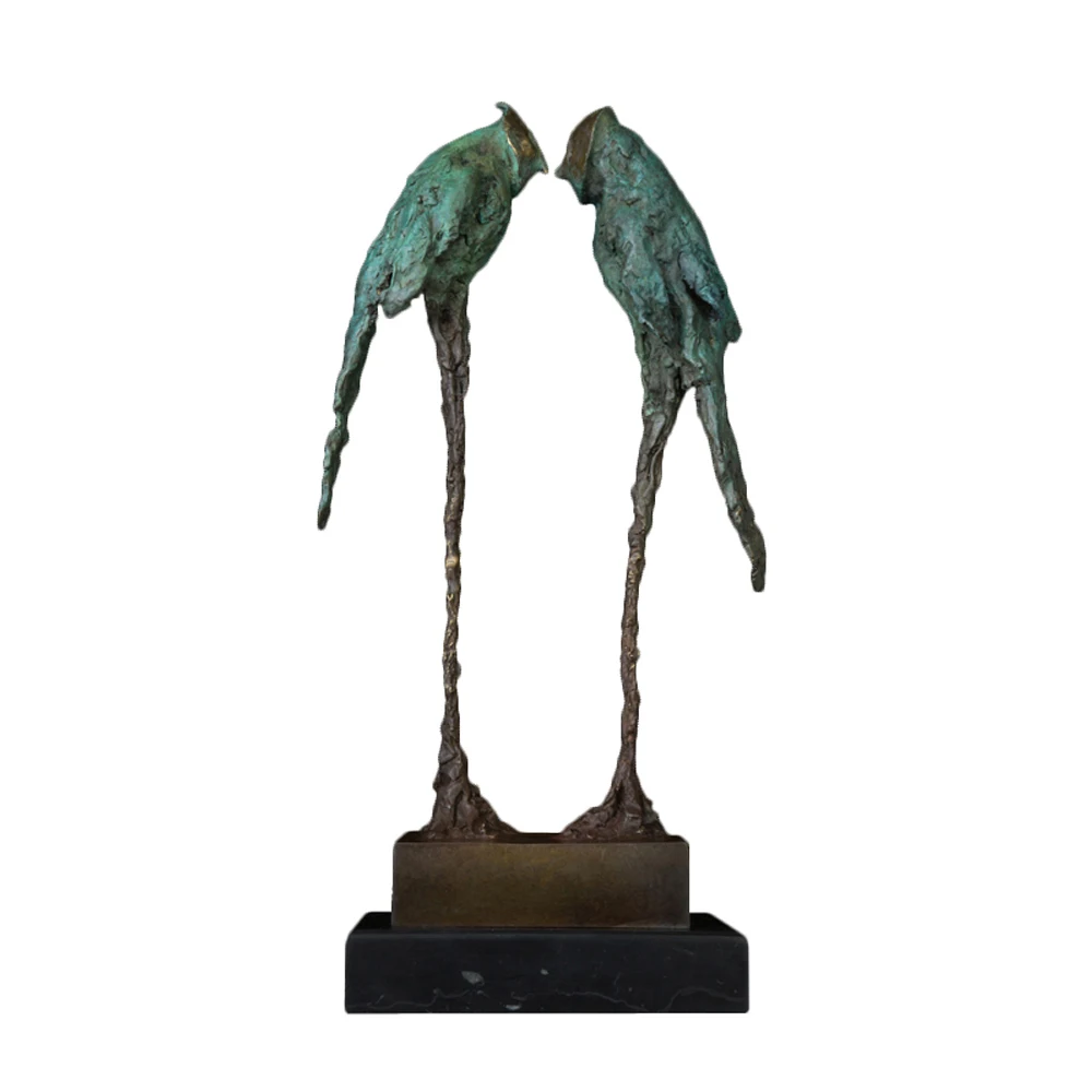 XZ-206 Abstract Bronze Couple Parrots Sculpture Green love bird Animal Metal Craft Figurine Wedding gifts decor