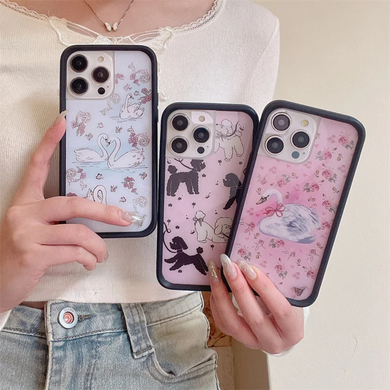 Wildflower 3D Sweet Swan Lake Phone Case for iPhone 16 15 14 13 12 17 Pro Max Plus Air 17pro Ins Puppy WF Cute Cartoon Cover