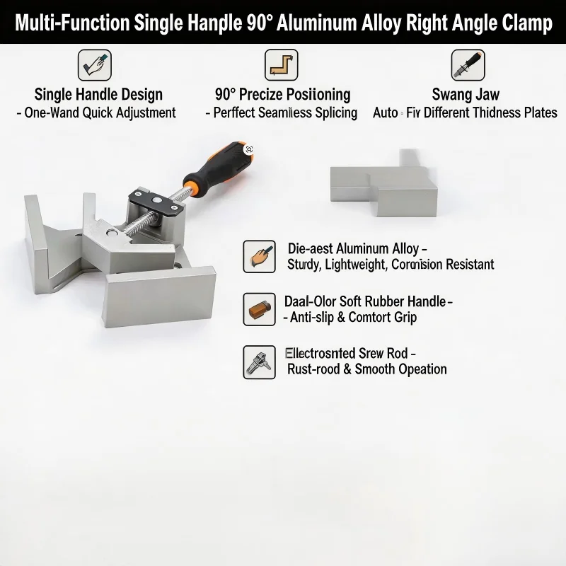 90 Degree Right Angle Clamp Aluminum Alloy Single Handle Adjustable Swing Jaw Woodworking Corner Clip for Photo Frame Cabinet We