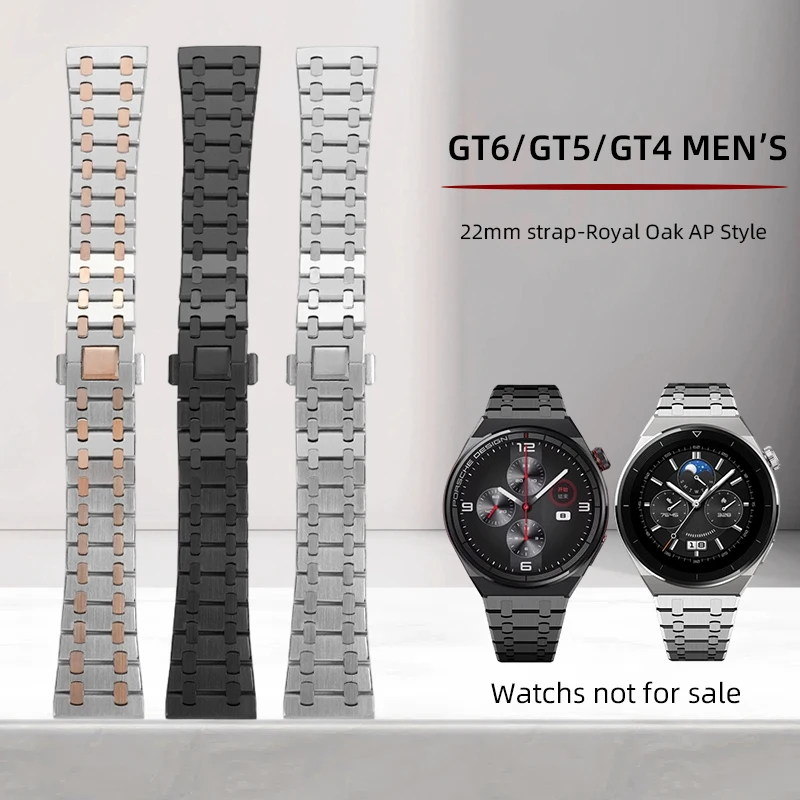 

Ремешок из нержавеющей стали 22 мм для Huawei Men GT 46 мм GT6 GT5 GT4 Металлический браслет Watch5 Модифицированный AP Royal Oak Черное Золото Розовое Серебро