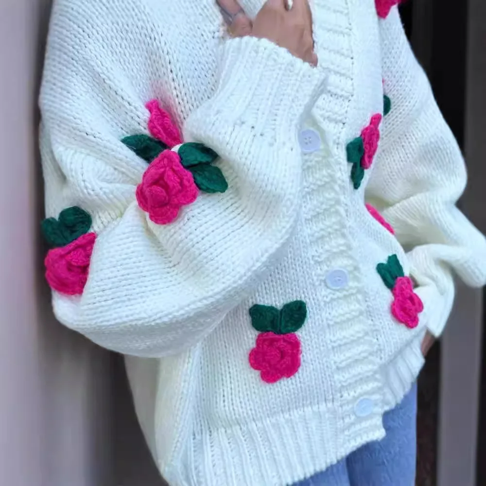 3D Flower Knitted Cardigan Sweater Women Autumn Winter Fashion Loose Long Sleeve Rose Sweet Girls Sweater Y2K Streetwear Lady