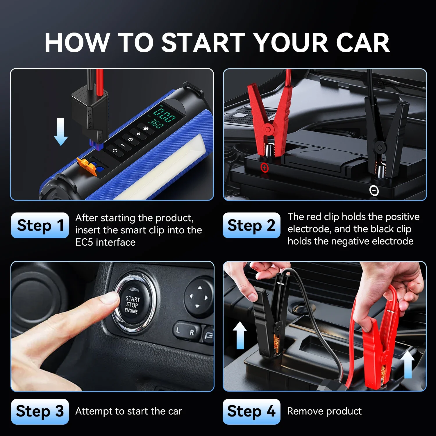 4 In 1 2000A Peak Car Jump Starter 10000mAh 150PSI Air Compressor Tire Inflator 12V Portable Power Bank Emergency Booster