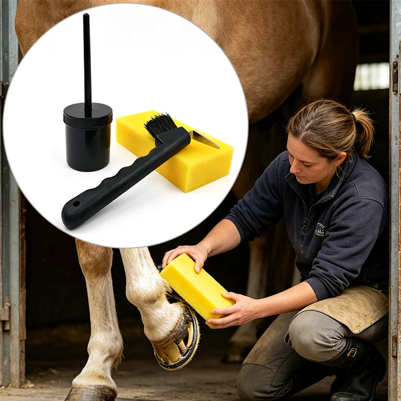 Equestrian Horse Hoof Care 3Pcs Maintenance Kit Hoof Pick Oil Brush Sponge Set Horse Hoof Cleaning Grooming Supplies for Daily