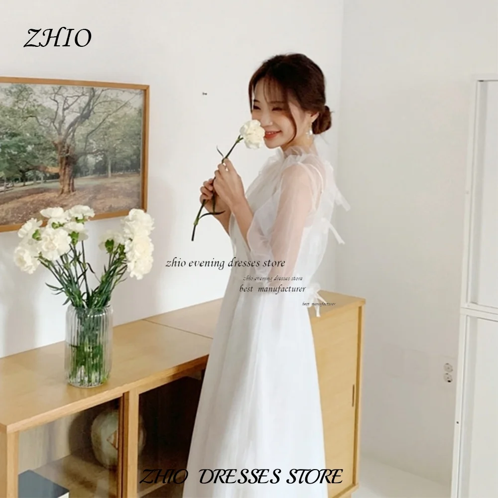 ZHIO White Korean Selfie Wedding A-line High Neck Sheer Outdoor Shooting Sleeveless Organza Customized Dresses Engagement Party