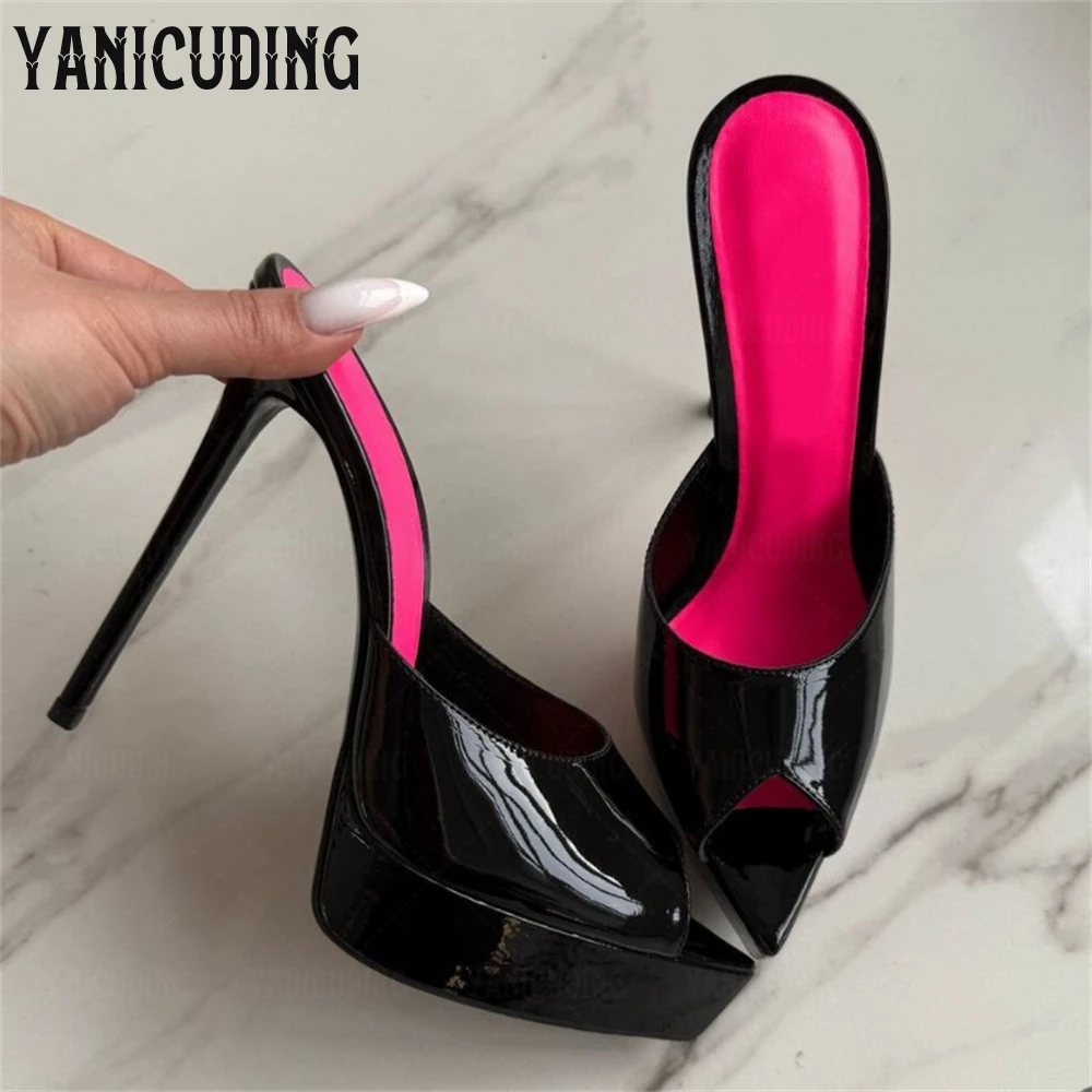

Multicolor Glossy Leather Platform Mules Sexy Pointed Peep Toe Slippers Slip-On Fashion Style Designer Handmade Summer Slippers