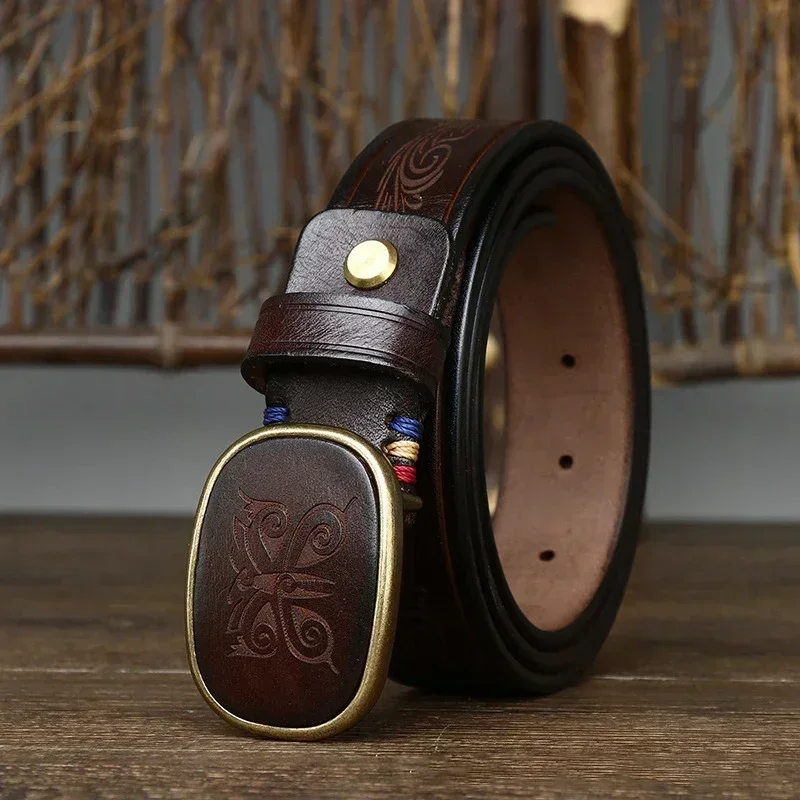 

2025 3.5CM Pure Cowhide High Quality Genuine Leather Belts for Men Laser Engraving Strap Male Smooth Buckle Jeans Cowboy Luxury