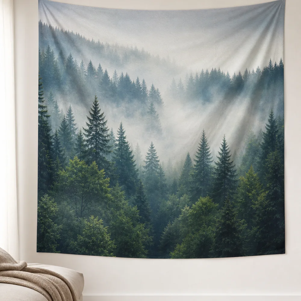 Grey white mist pine forest natural scenery 150X100CM customizable printed tapestry, living room bedroom wall background fabric