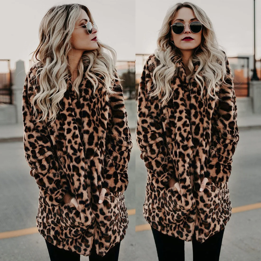 Fashion Leopard Print Long Jacket Women Winter Loose Pocket Faux Fur Coats Streetwear Casual Female Outerwears Windbreaker