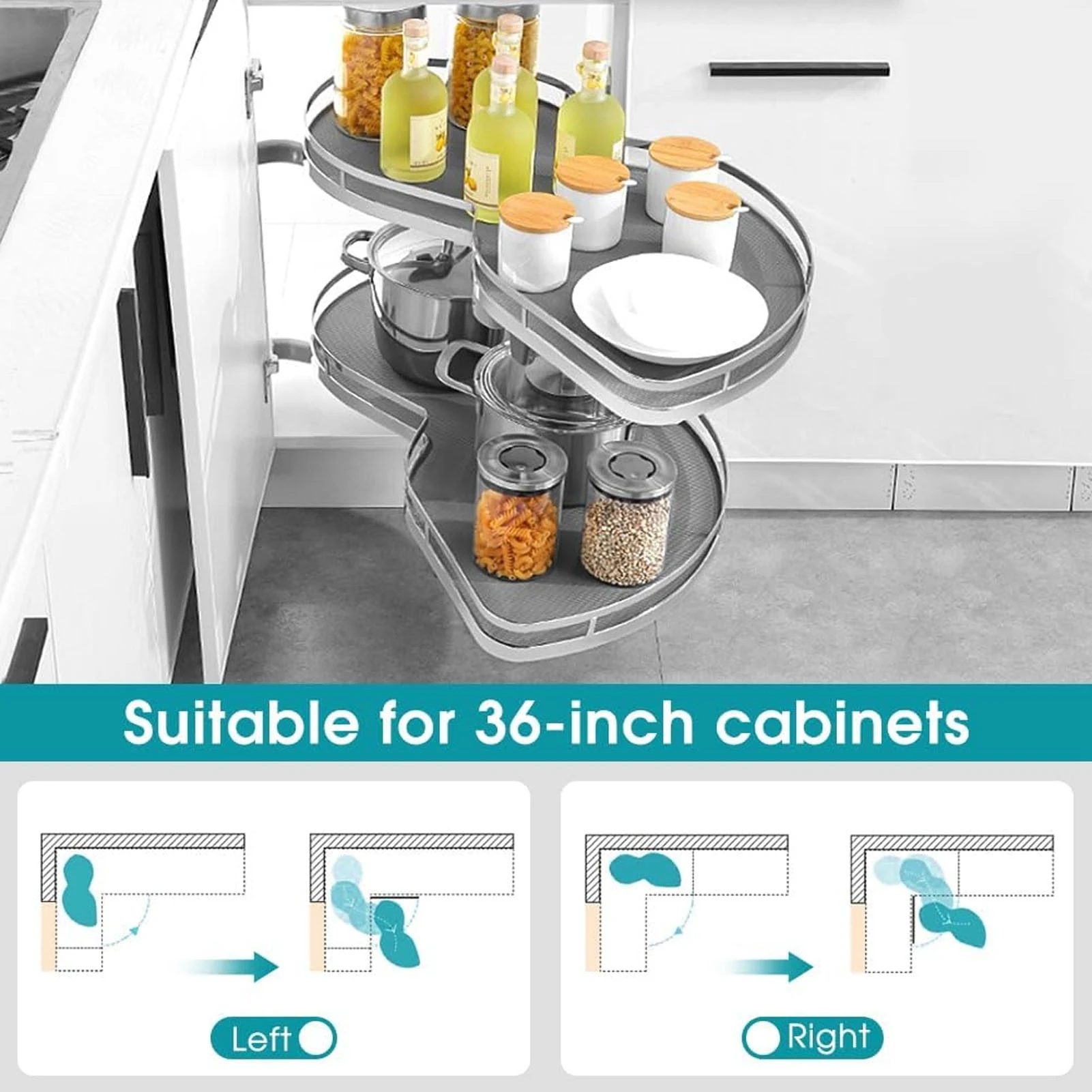 Blind Corner Cabinet Shelf Strong Load Bearing Stable Placement Blind Corner Cabinet Tray Height Adjustable 2 Tier for Kitchen