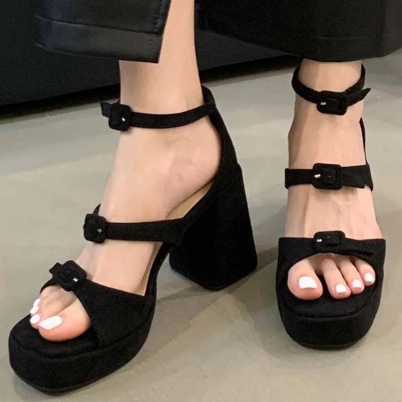 Black Heels For Ladies Platform Sandals Silver Belt Buckle Low Heels Chunky Shoes Comfort Summer Womens Sandals Femme 2024