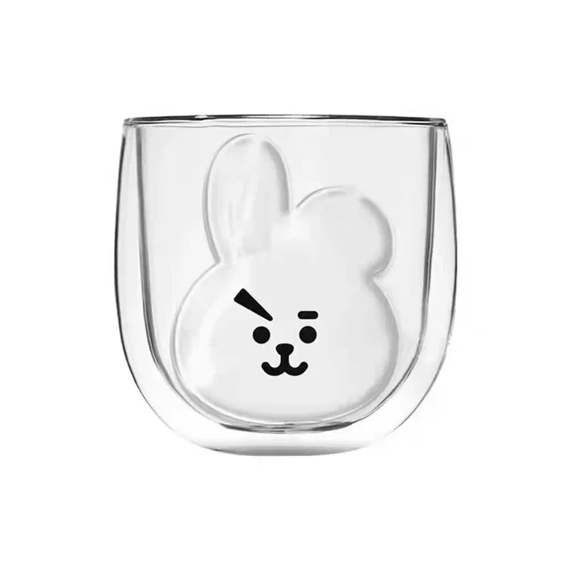 BT21 Creative Double-layer Glass Cup Kawaii Korea Anime Cartoon Coffee Cup Anti-scalding Party Teacup Mug Household Tableware