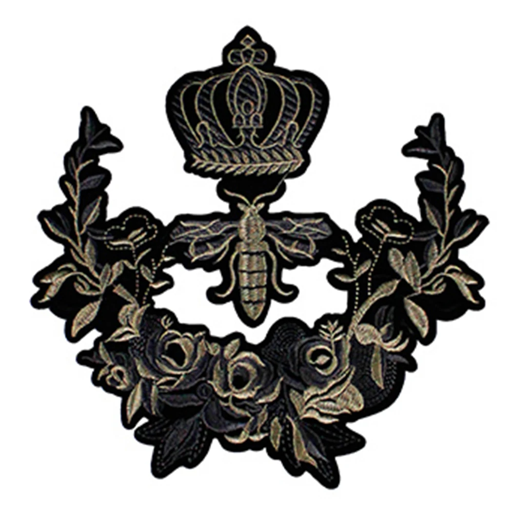 Embroidery Beaded Sequin Motifs Gold Wreath Applique Crown Bee Patches Badge for Bags Clothing Sewing Craft TH910