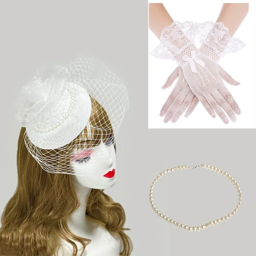 2024 Womens Felt Fascinator Hat Set Mesh Fishnet Veil Pearl Decor Hair Clip Wedding Bridal Cocktail Headwear Necklace Gloves Set