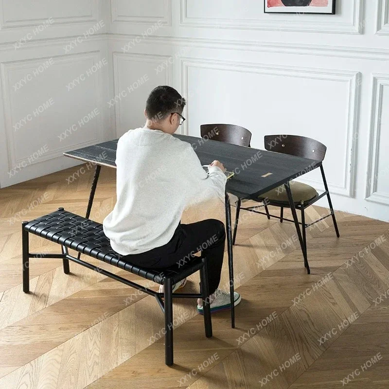 A  Nordic simple modern black leather bench dining chair shoe changing stool
