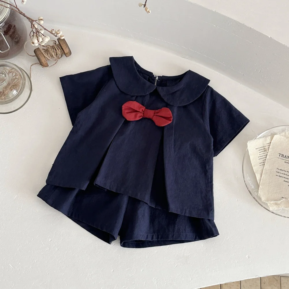 2026 New Baby Summer Clothes Set Solid Color Girls Bow Shirt +Shorts Loose Preppy Style Toddler Outfit 2PCS Infant Outwear