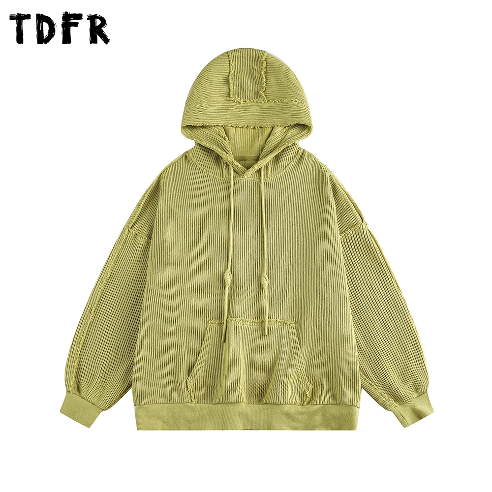 

Solid Color Spliced Hooded Sweater Mens Front Pocket Autumn Retro Casual Loose Drop Shoulder Long Sleeve Knitted Pullover Man