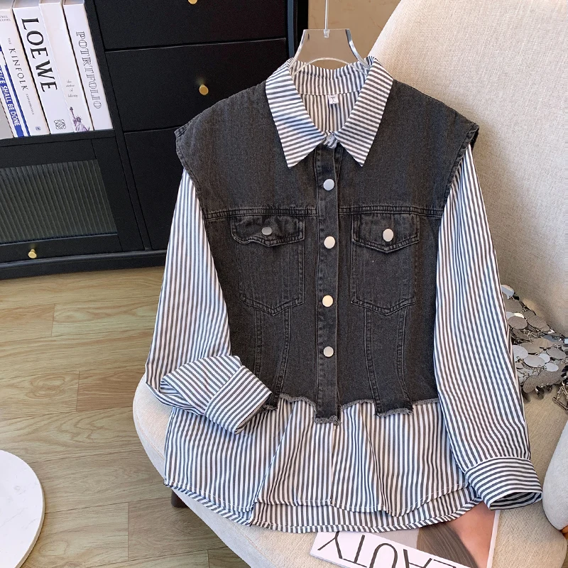 

Свободная женская джинсовая куртка на весну-осень больших размеров с воротником, пэчворком, в корейском стиле, с длинными рукавами, на пуговицах