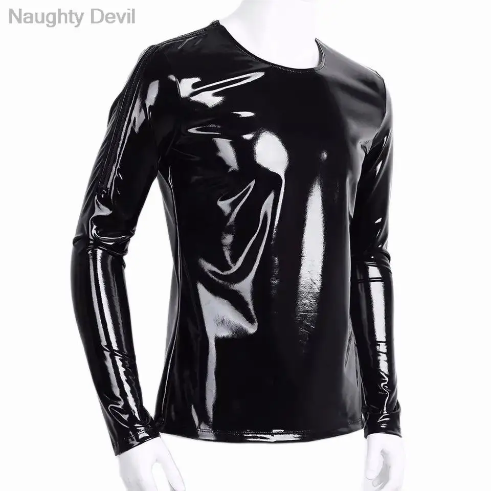 Mens Sexy Glossy PVC Leather Long Sleeve Shirt Erotic Shaping Latex Casual Coat Male Shiny Metallic Patent Leather for man