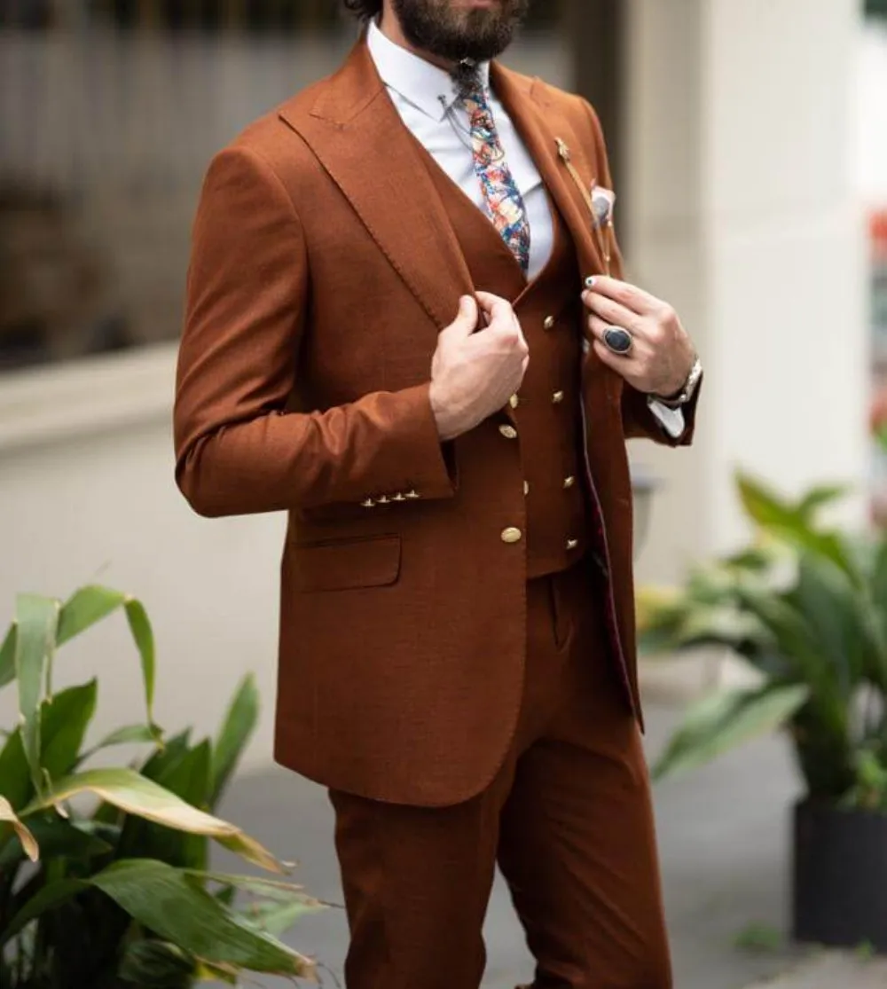 Trajes formales de moda marrón para hombre, Blazer hecho a medida para fiesta de boda, conjuntos de novio, chaqueta de 3 piezas + Pantalones +