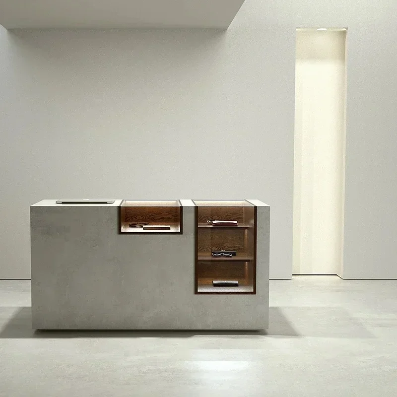 Minimalist Cement Colored Glass Cabinet and Commercial Reception Desk for Jewelry, Hairdressing, Bar, and Clothing Displays