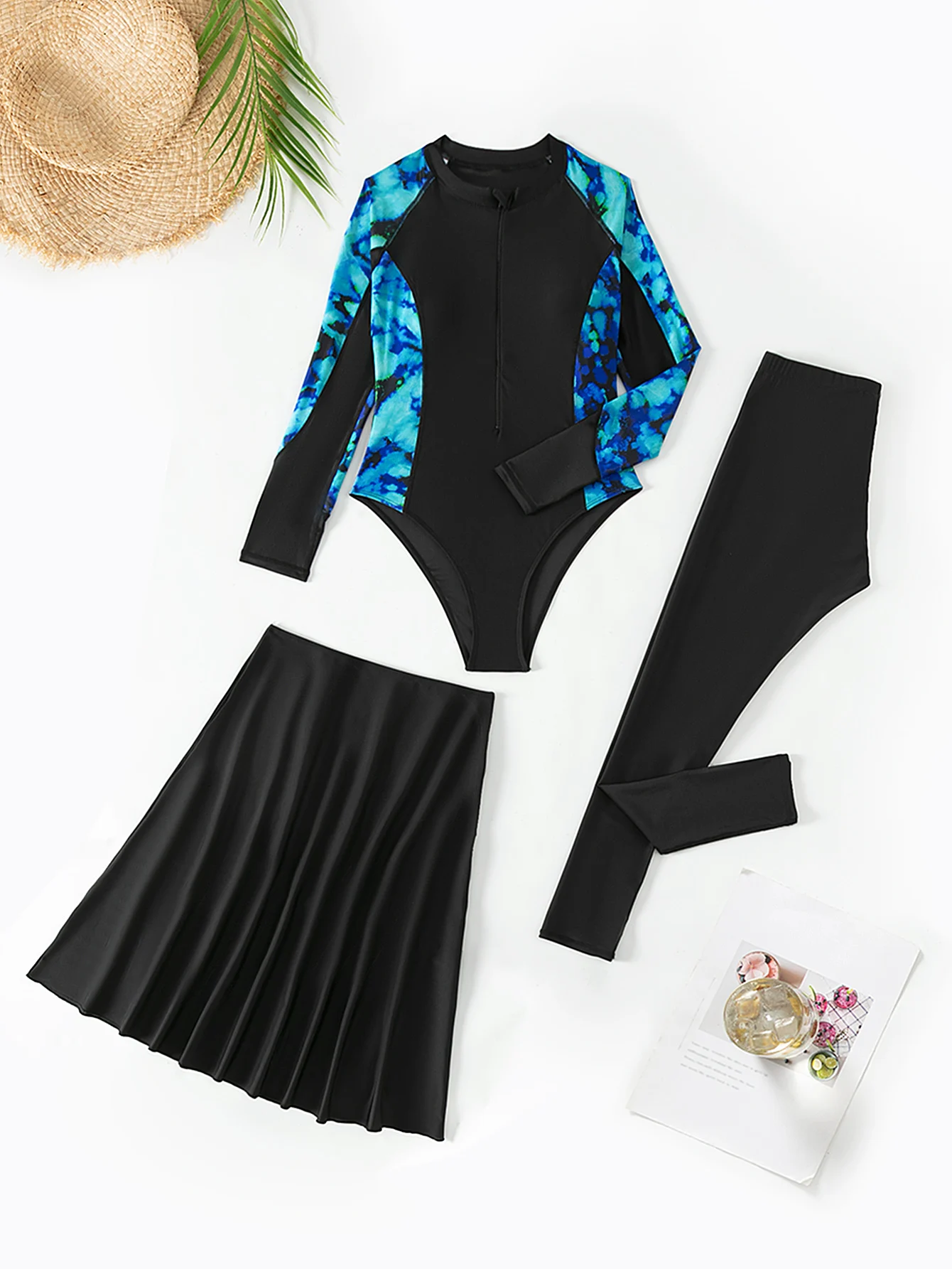 3pcs Muslim Burkini Modest swimsuit with Colorful Printed Long Sleeved Swimwear Beach swimsuit SPF50+ with Long Pant and Skirt image 3