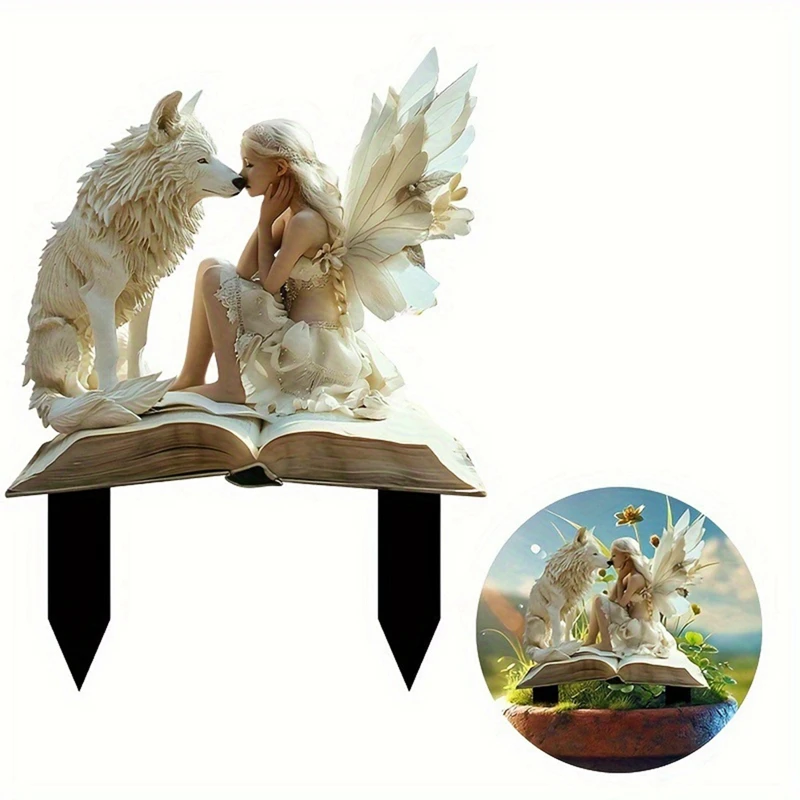 Majestic Wolf And Fairy, Acrylic Fairy Flower Pot Insert, Suitable For Potted Plants And Garden Lawn Decoration