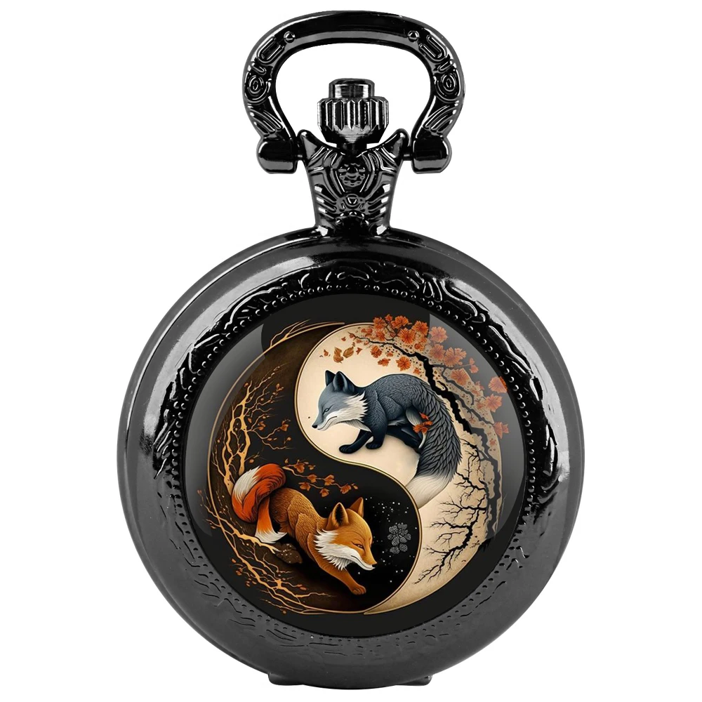 Orologio da tasca al quarzo nero con cupola in vetro retrò Yin-Yang Fox con quadrante con numeri arabi e catena resistente, regalo retrò per uomo e donna