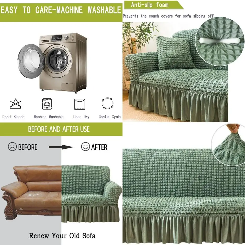 

Green Medium Stretch Sofa Slipcover - Washable Couch Cover with Elastic Bottom & Skirt for Sofa Bed Protection