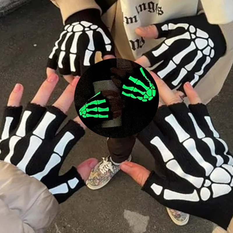 Punk Half Finger Skull Gloves Luminous Warm Knitting Women Men Glow in The Dark Fingerless Stretch Black Knitted Winter Gloves