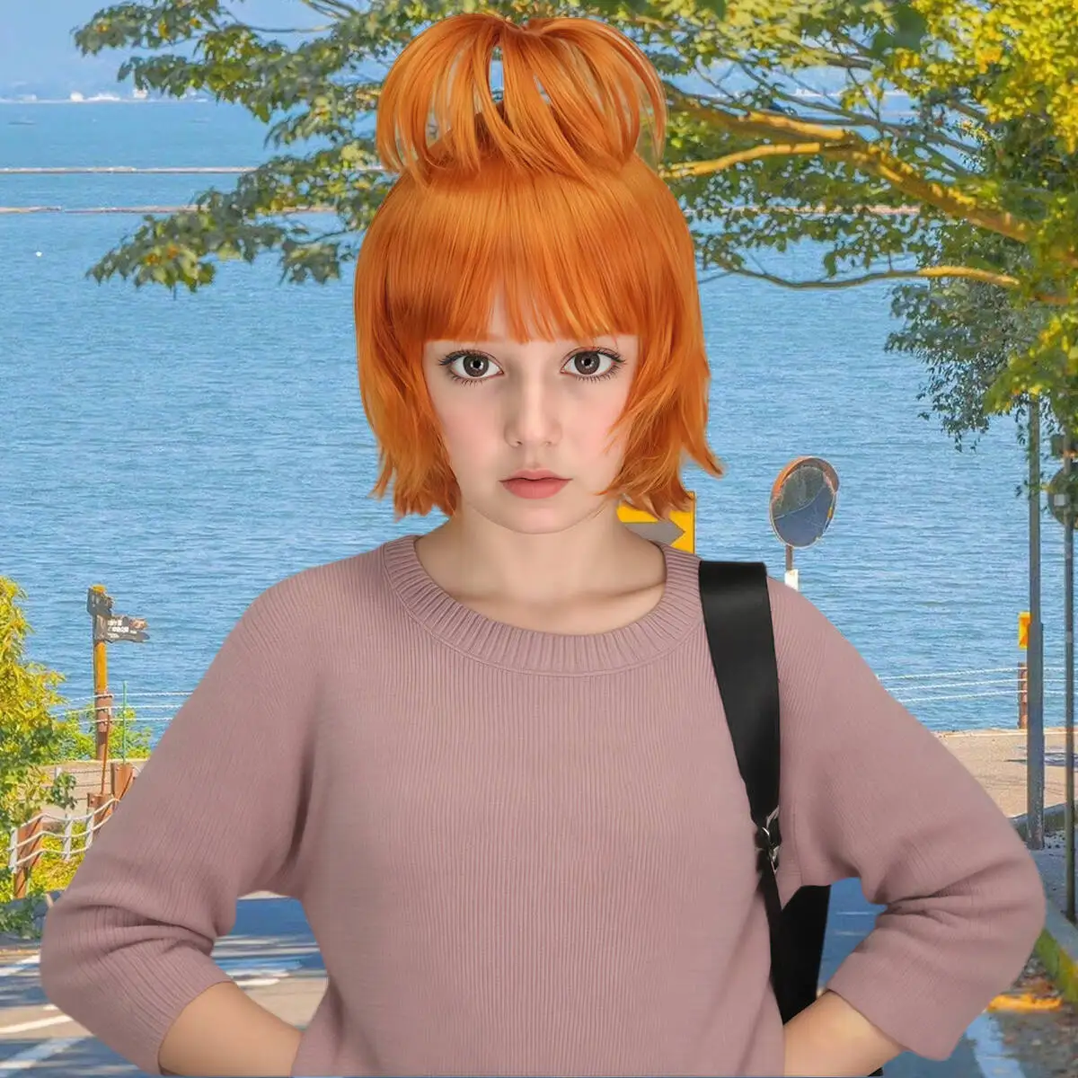 

Креативный парик оранжевой формы, короткий парик с прической оранжевого яблока, парик для косплея, ярко-оранжевый короткий парик с высоким хвостиком