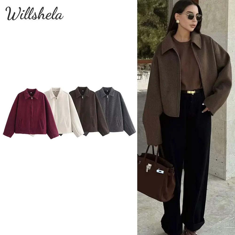 

Willshela Women Fashion Woolen Jacket Lapel Collar Long Sleeves Female Chic Lady Mujer Casual Tops Short Coat