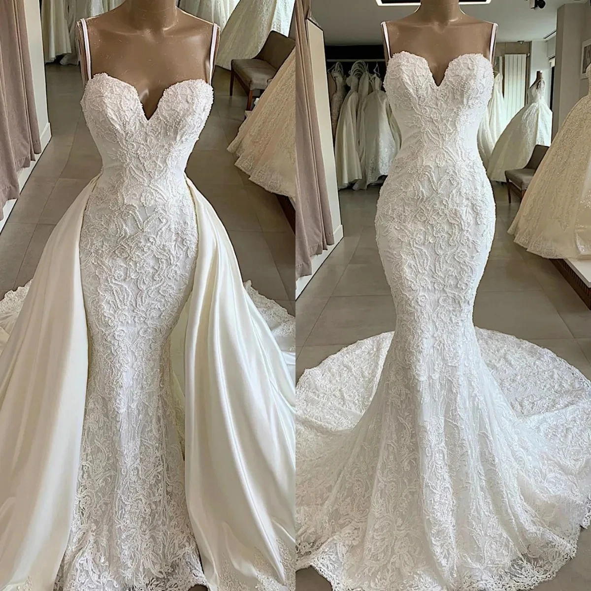 

Exquisite Mermaid Wedding Dresses Appliques Spaghetti Strap Custom Made Bridal Gowns Detachable Train Vestido De Novia
