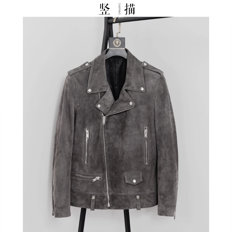 

Spring New Genuine Leather Clothes Men's Suede Goat Skin Motorcycle Clothing Jacket Trendy Coat