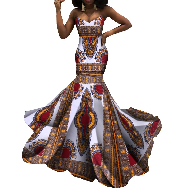 

Summer Strapless Floor-Length Wedding Dresses African Wax Cotton Fashion Java Style Evening Party Lady Clothing WY5479