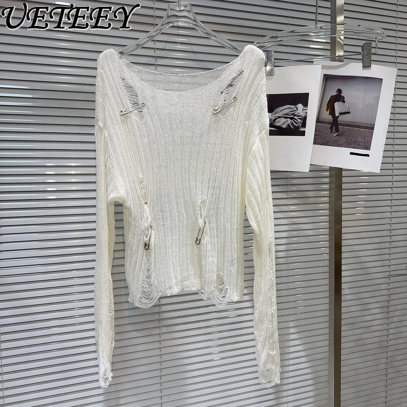2025 Summer New Sweet Cool Babes Long-sleeved Solid Color Pullover Metal Pin Design Hollow Sunscreen Knitted Sweater for Women