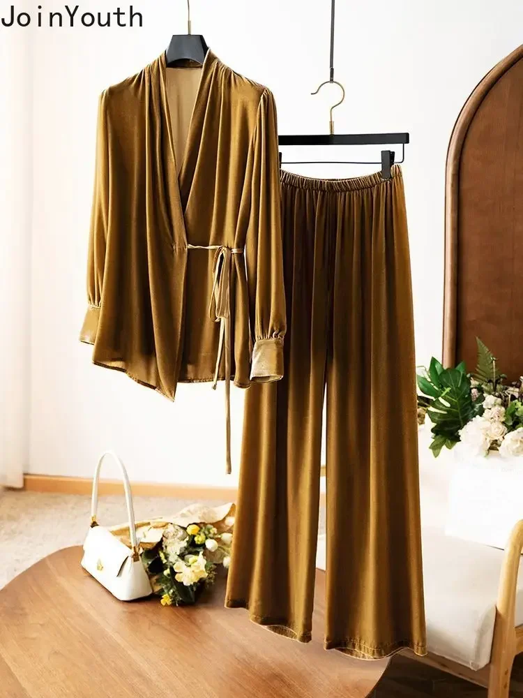 Temperament Outfits Vintage Korean Two Piece Sets V-neck Bandage Shirts High Waist Straight Wide Leg Pants Suit Chic Velvet Set