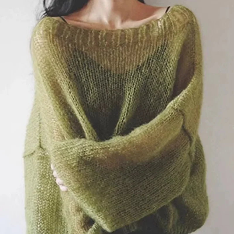 

Korean Fashion Green See Through Sweater Women Causal Pullovers Loose Y2K Tops