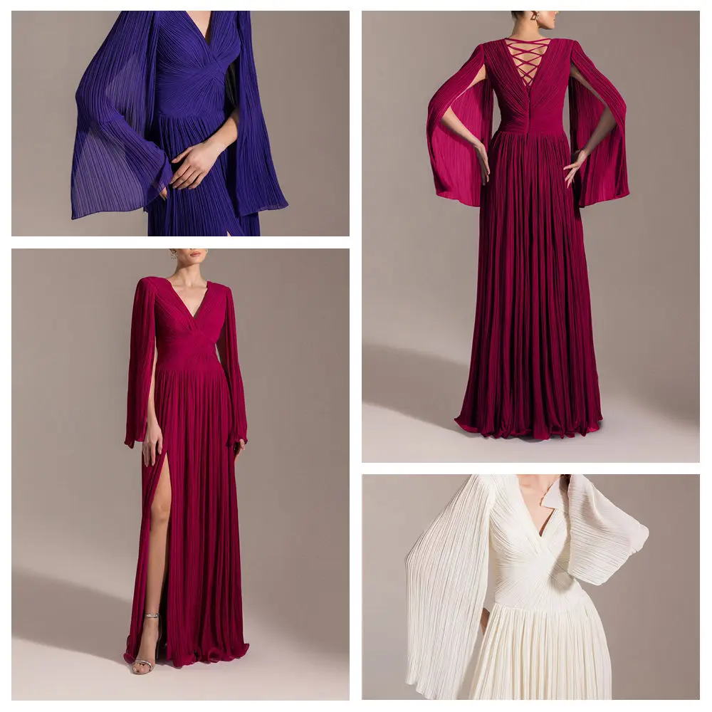 

customization V-Neck Formal Evening Dresses Full Sleeve Side High Slit A-Line Backless Pleat Prom Gown Simple bridesmaid Dress