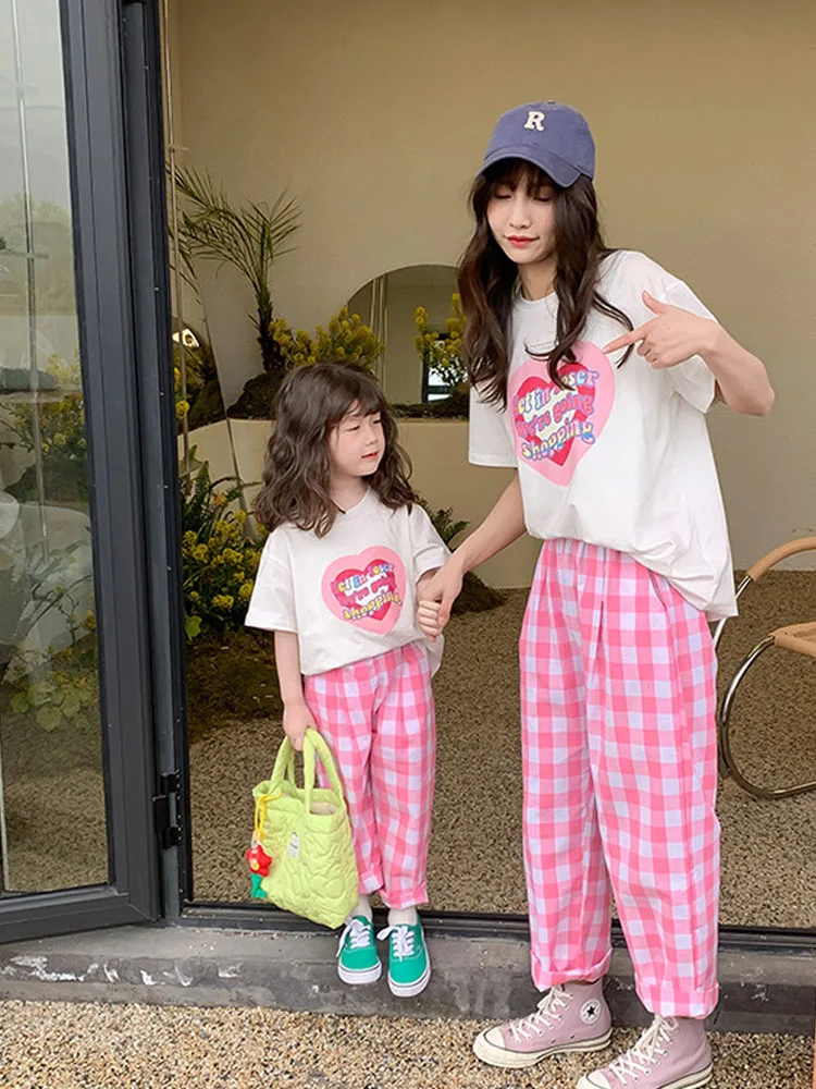 

Parent-child Mother-daughter Summer Suits Fresh Girls Korean Casual Short-sleeved T-shirt Plaid Pants Two-piece Set Cotton