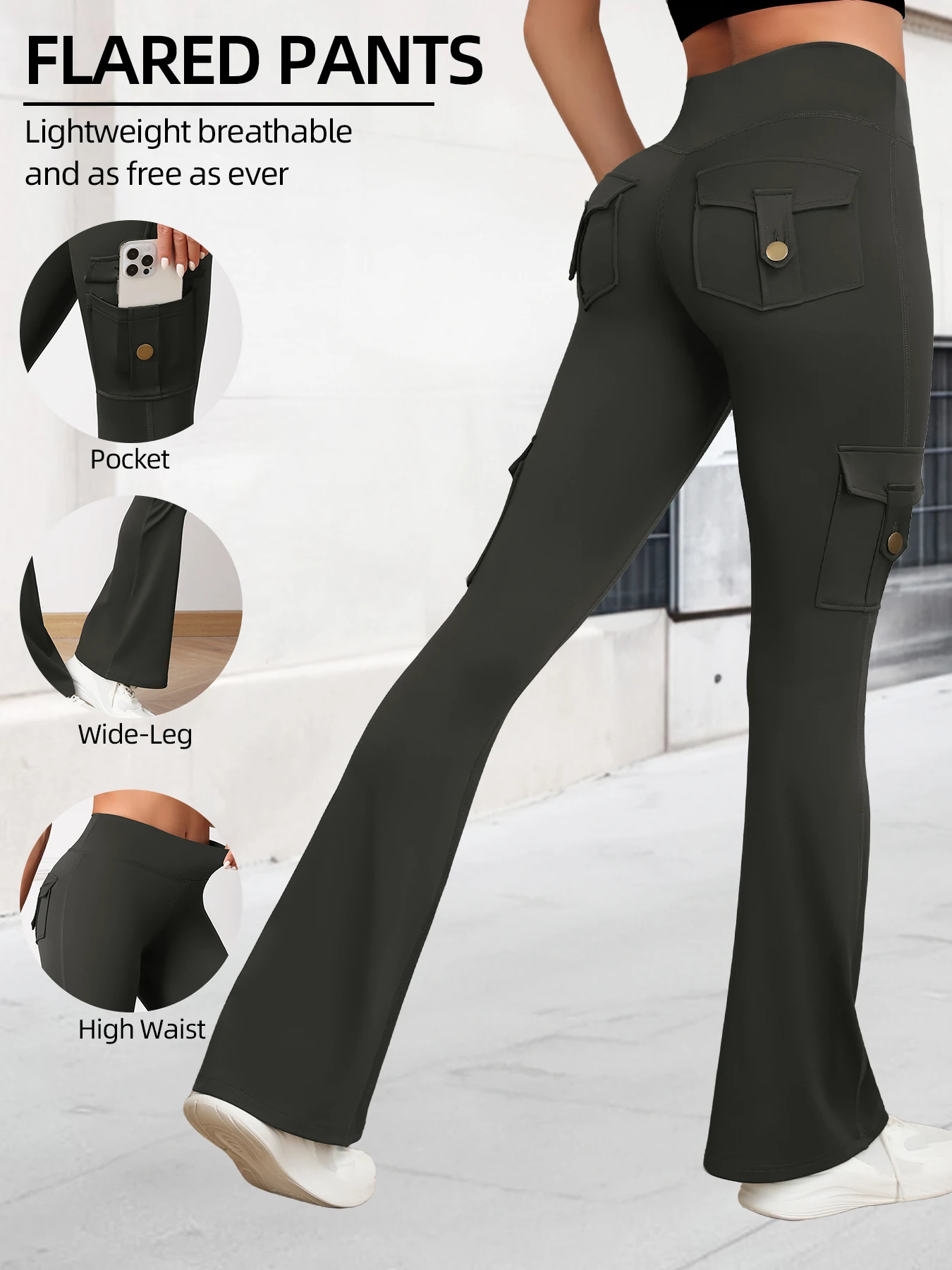 

Women's Flared Pants With Pockets High Waist Yoga Cargo Pants Fitness Casual Hip Lifting Wide Leg Pants