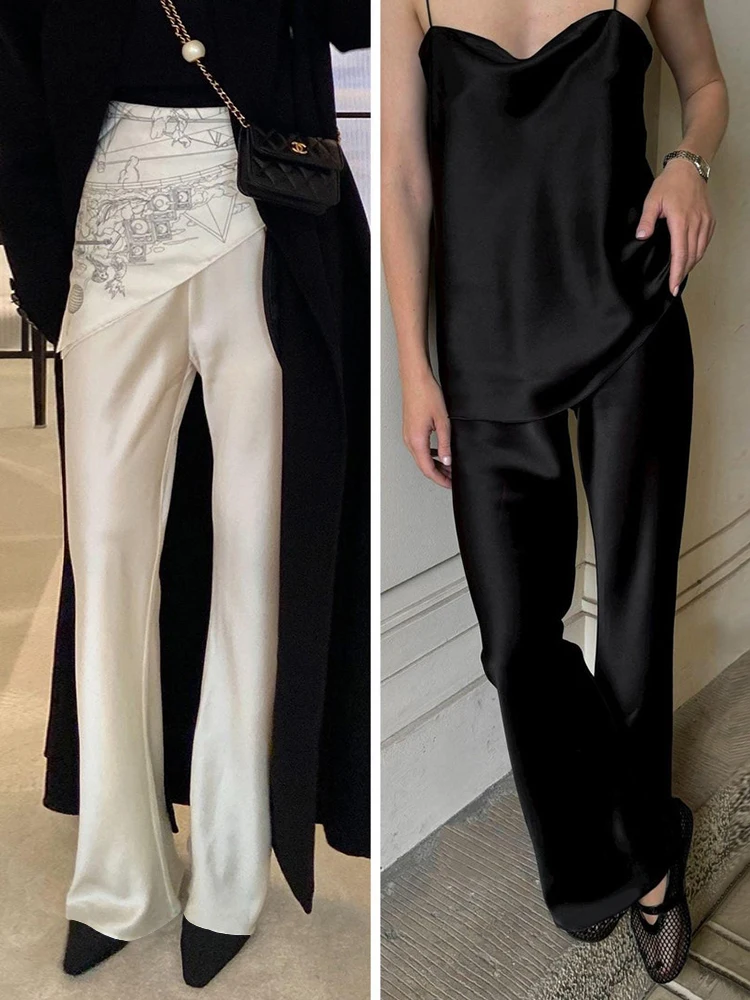 One-Piece Acetate Satin Lightweight Elastic Waist Casual Pants Slant Cut Comfortable Loose Fit Summer Commute Style Ladies Tr...